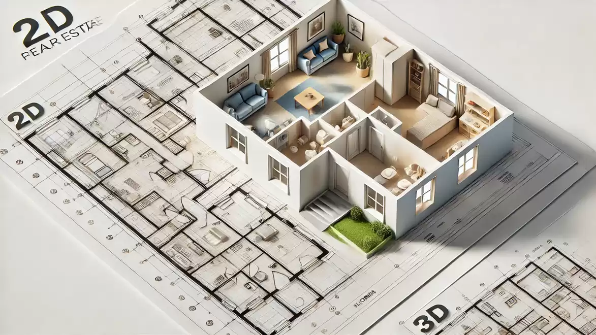 3D model of a house on a 2D floor plan, showcasing details like living room, bedroom, and garden.