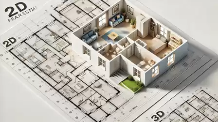 3D model of a house on a 2D floor plan, showcasing details like living room, bedroom, and garden.