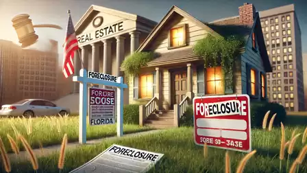 Illustration of a house with foreclosure signs, a courthouse labeled Real Estate, and a gavel in flight