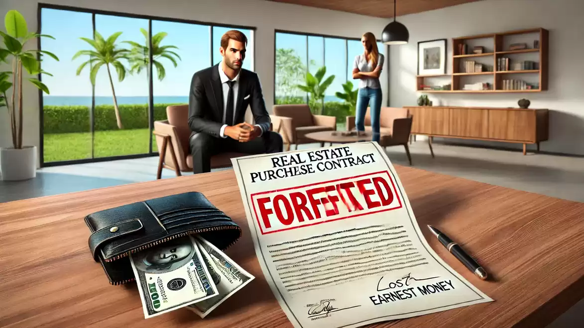 A man in a suit sits in a modern living room with large windows showing palm trees outside. On a table, there is a real estate purchase contract with the word 'FORFEITED' in large red letters. Next to it are a wallet with dollar bills and a pen.
