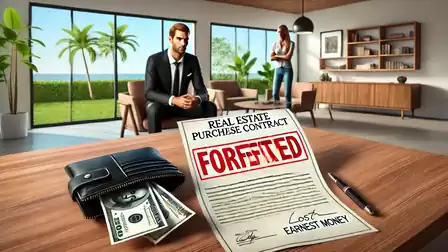 A man in a suit sits in a modern living room with large windows showing palm trees outside. On a table, there is a real estate purchase contract with the word 'FORFEITED' in large red letters. Next to it are a wallet with dollar bills and a pen.