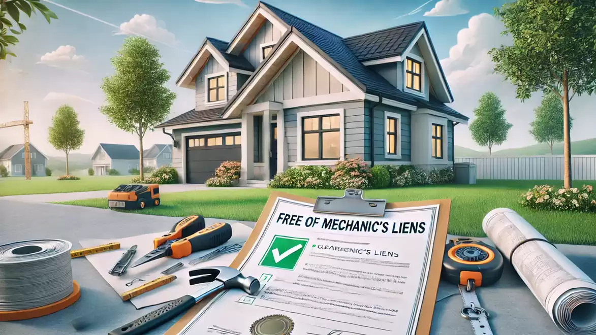 A new, modern house in an idyllic residential area with a neat yard. In the foreground, tools and a document with a green checkmark are placed on the table.