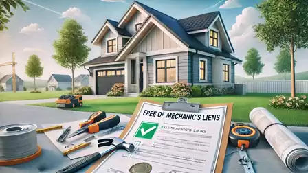 A new, modern house in an idyllic residential area with a neat yard. In the foreground, tools and a document with a green checkmark are placed on the table.