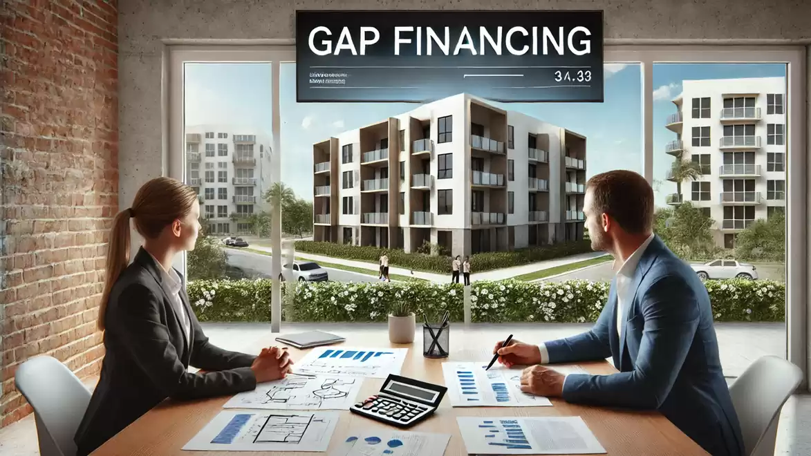 Two people in an office discuss plans for a construction project with modern apartment buildings in the background.