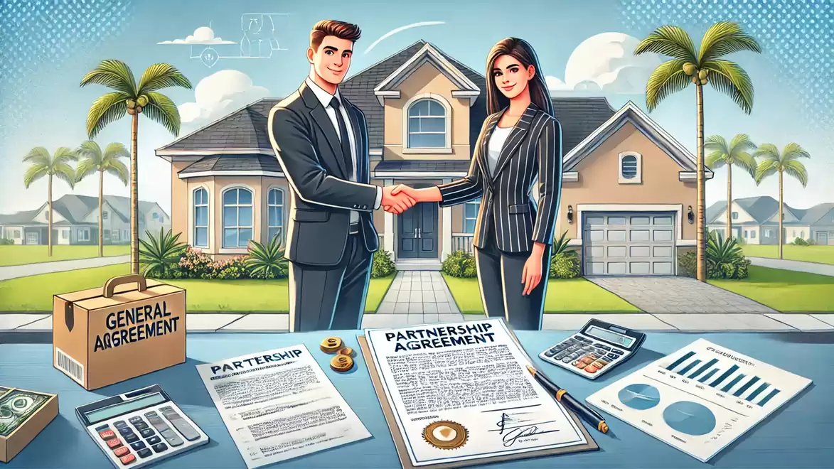 Two business people stand in front of a house shaking hands. Documents, a calculator, and charts are on the table before them. Palm trees and houses are visible in the background.
