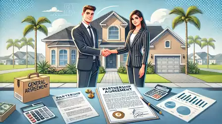 Two business people stand in front of a house shaking hands. Documents, a calculator, and charts are on the table before them. Palm trees and houses are visible in the background.