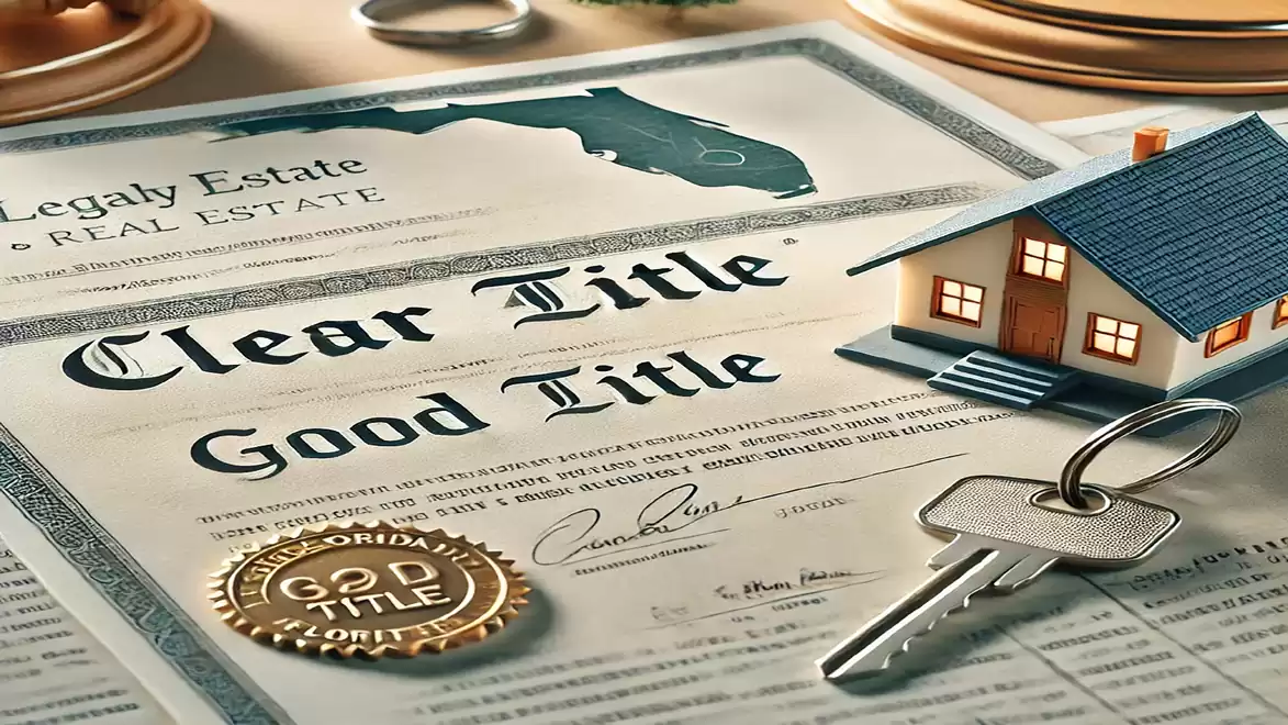 Image of documents titled 'Clear Title' and 'Good Title', with a miniature house and key beside them, symbolizing real estate ownership and property rights.