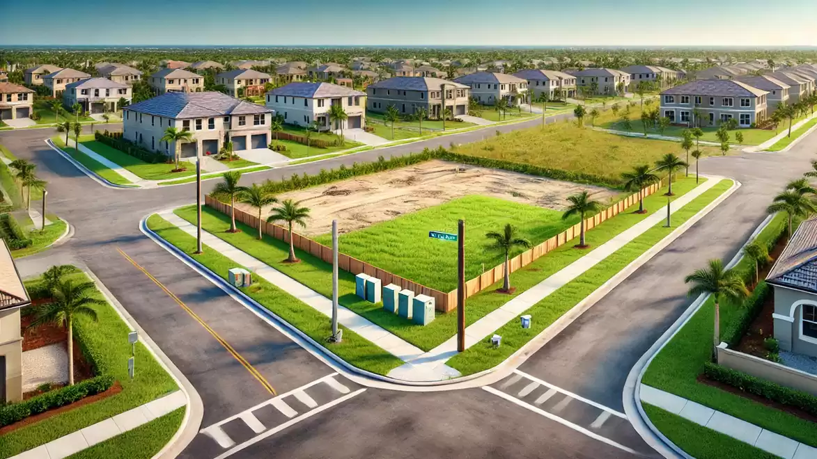 Aerial view of a modern residential area with new single-family homes, orderly streets, and green lawns.