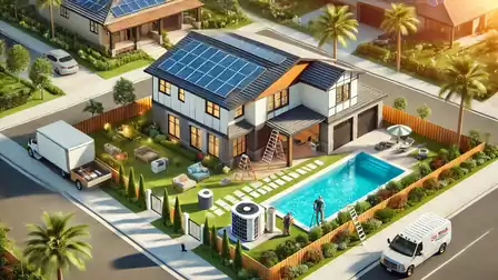 Modern house with solar panels and swimming pool in a sunny residential area.