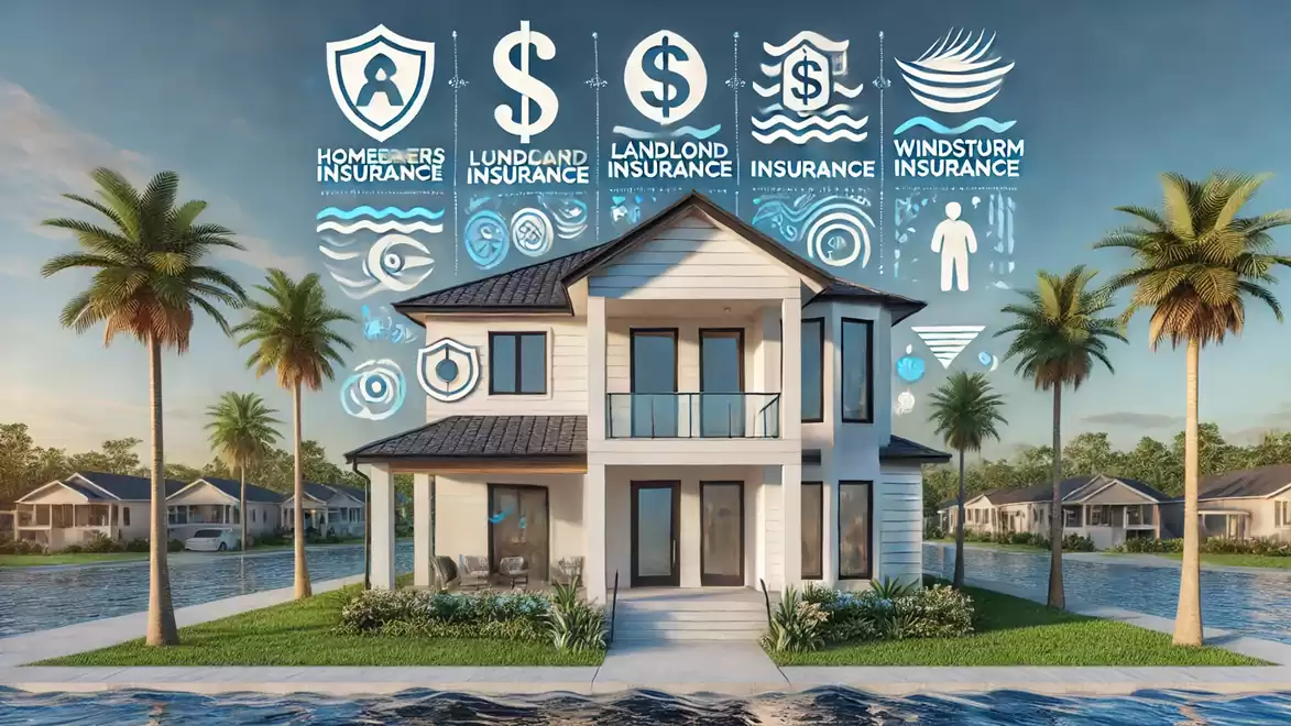 Modern two-story house by the water, surrounded by palm trees with icons for different insurance types including home and storm protection.