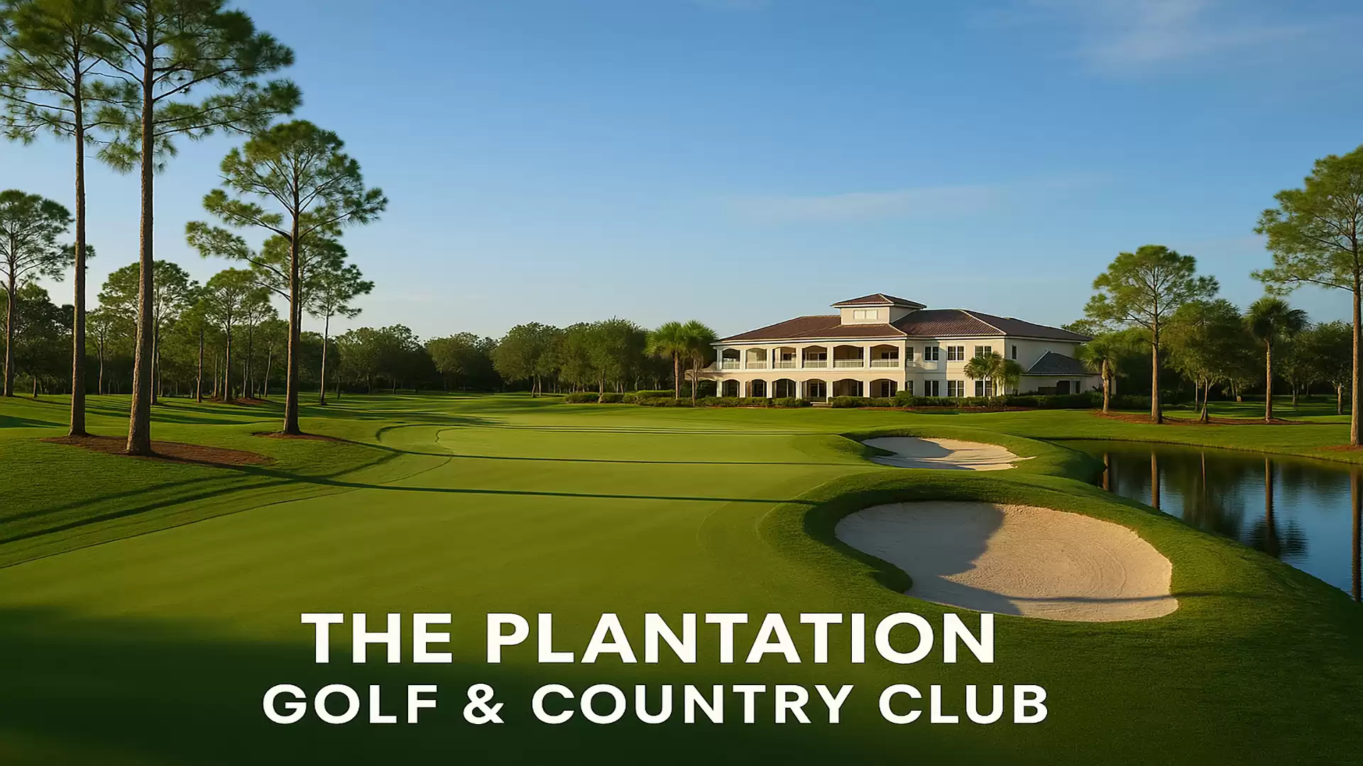 A golf course with a large clubhouse in the background, surrounded by trees and a water hazard.