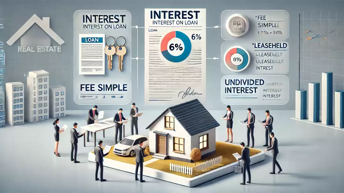 An illustration depicts different real estate financing models, including 'Fee Simple', 'Leasehold', and 'Undivided Interest', with a central house and business people discussing plans.