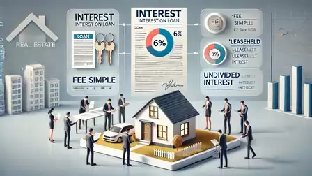 An illustration depicts different real estate financing models, including 'Fee Simple', 'Leasehold', and 'Undivided Interest', with a central house and business people discussing plans.