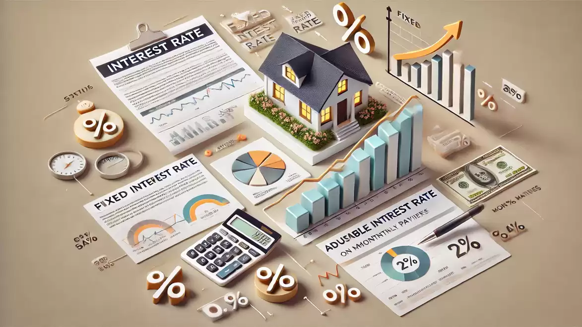 Illustration showing a house, graphs, calculator, and interest documents depicting mortgage rates.