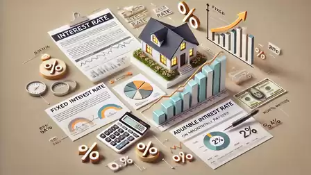Illustration showing a house, graphs, calculator, and interest documents depicting mortgage rates.