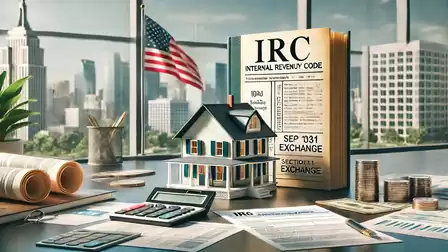 A desk with a model house, a tax book labeled 'IRC', stacks of papers, a calculator, and an American flag in the background, along with the skyline of a city.