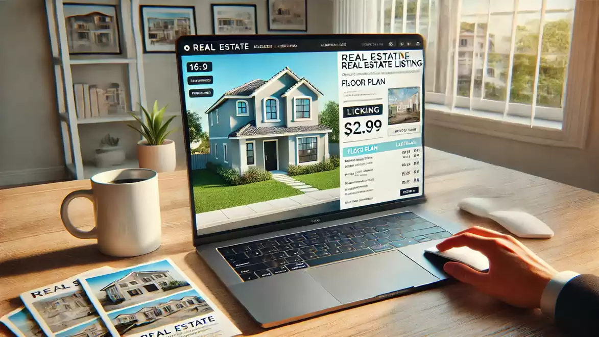 A laptop on a wooden desk displaying a real estate listing with a house image and price details. Daylight shines through a window in the background.