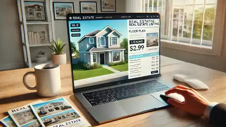 A laptop on a wooden desk displaying a real estate listing with a house image and price details. Daylight shines through a window in the background.
