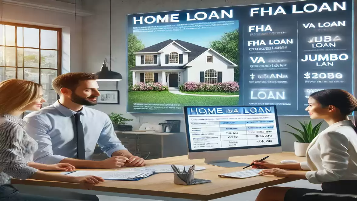 Three people discussing home loans in a modern office with a large screen displaying information on different loan types.