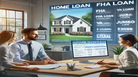 Three people discussing home loans in a modern office with a large screen displaying information on different loan types.