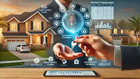 Digital concept for property management featuring virtual icons and a modern house in the background. Hands with keys symbolize transactions and maintenance services.