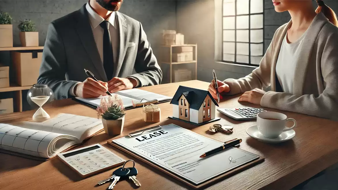 Two people sit at a table with a lease agreement, a calculator, a cup of coffee, and a small house model.
