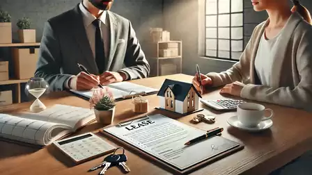 Two people sit at a table with a lease agreement, a calculator, a cup of coffee, and a small house model.
