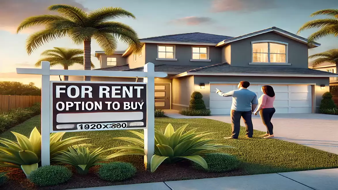 A couple looks at a modern two-story house with a 'For Rent Option to Buy' sign in the foreground, framed by palm trees and a manicured garden at sunset.