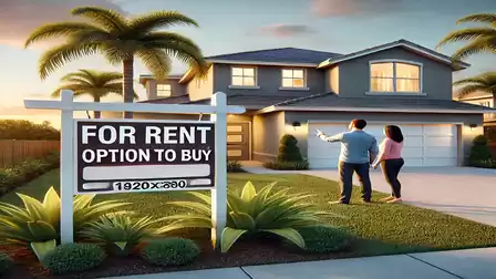A couple looks at a modern two-story house with a 'For Rent Option to Buy' sign in the foreground, framed by palm trees and a manicured garden at sunset.
