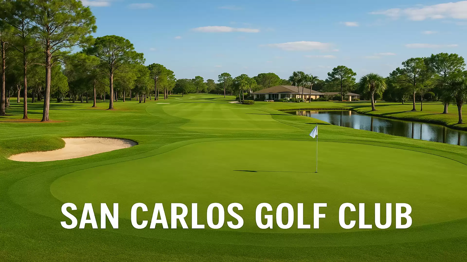Golf course with green lawns, sand bunker, trees, and water hazard, clubhouse in the background.