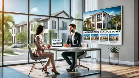 A business meeting in a modern office overlooking houses. A man and a woman sit at a table discussing real estate investment.