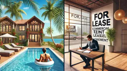 A split image shows a woman in a pool in front of a luxurious house with palm trees on the left, and a businessman working in an office with large 'For Lease' signs on the right.