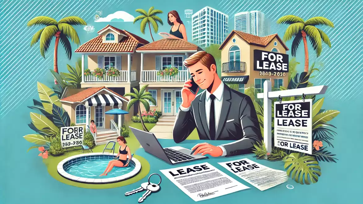 Illustration of a real estate agent working on a laptop in a tropical setting. Several 'For Lease' signs and a luxury house with a pool in the background.