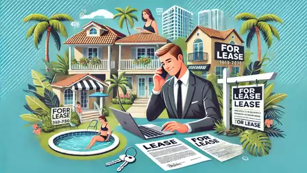 Illustration of a real estate agent working on a laptop in a tropical setting. Several 'For Lease' signs and a luxury house with a pool in the background.
