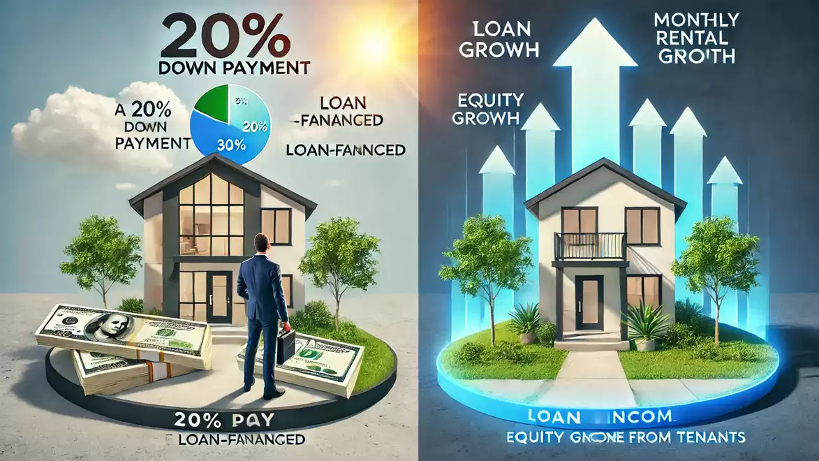 Illustration of two real estate financing strategies. Left with 20% down payment and right through loan and rental income growth.
