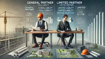 Image of two businessmen, one in a suit and the other with a construction helmet, sitting at a table. In the background, construction cranes and charts illustrate the concepts of General Partner and Limited Partner.