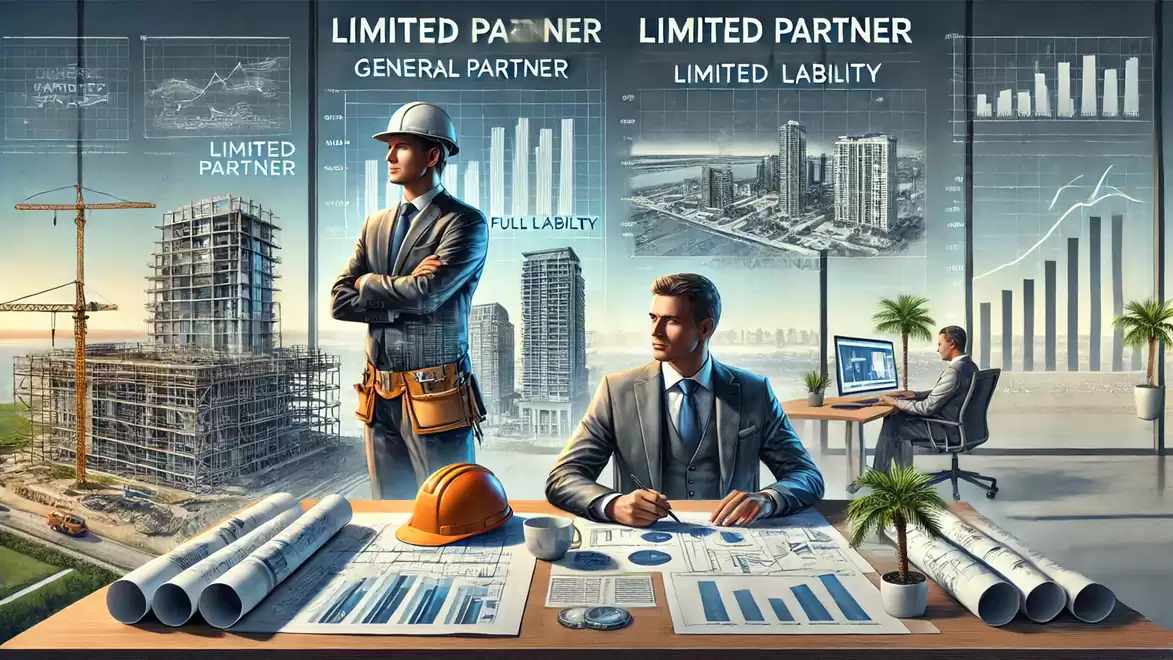 Image of a businessman and construction worker with blueprints and charts. Construction sites and modern buildings are visible in the background.