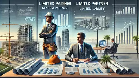 Image of a businessman and construction worker with blueprints and charts. Construction sites and modern buildings are visible in the background.