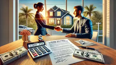 A man and a woman shaking hands in an office with calculated loan fees, money, and a house in the background.