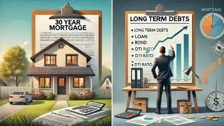 Illustration showing a 30-year mortgage chart on the left featuring a house with a garden and a long-term debts chart on the right with a businessman pointing at a rising graph.