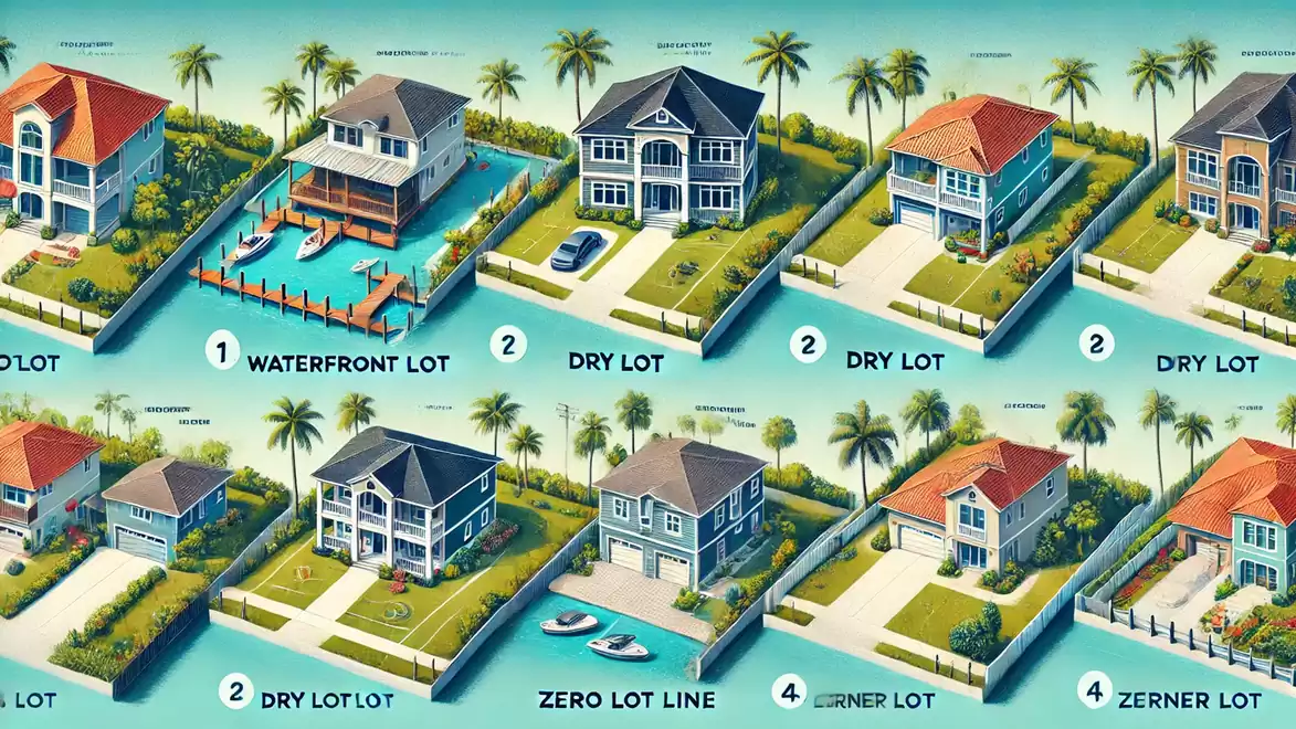 Illustration of eight different house lots in a coastal area, including waterfront and dry lots, surrounded by palm trees and greenery.