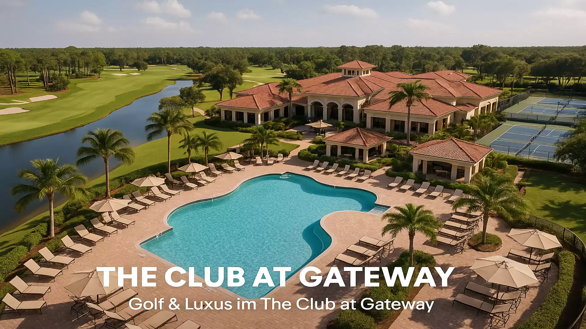 Aerial view of a luxurious golf resort with pool, palm trees, and tennis courts at The Club at Gateway.