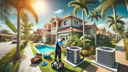 A technician services air conditioning units in front of a house with palm trees and a swimming pool on a sunny day.