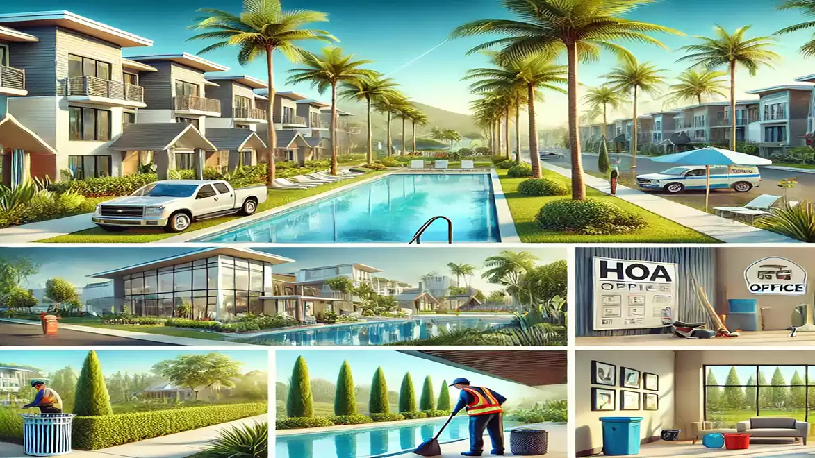 A modern residential neighborhood with a central swimming pool, surrounded by palm trees and elegant houses. A maintenance worker is cleaning the pool. HOA office nearby.