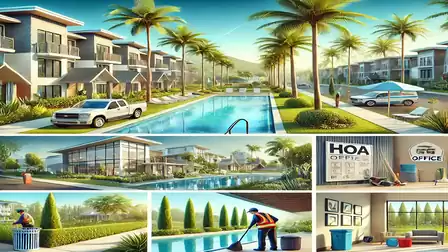 A modern residential neighborhood with a central swimming pool, surrounded by palm trees and elegant houses. A maintenance worker is cleaning the pool. HOA office nearby.