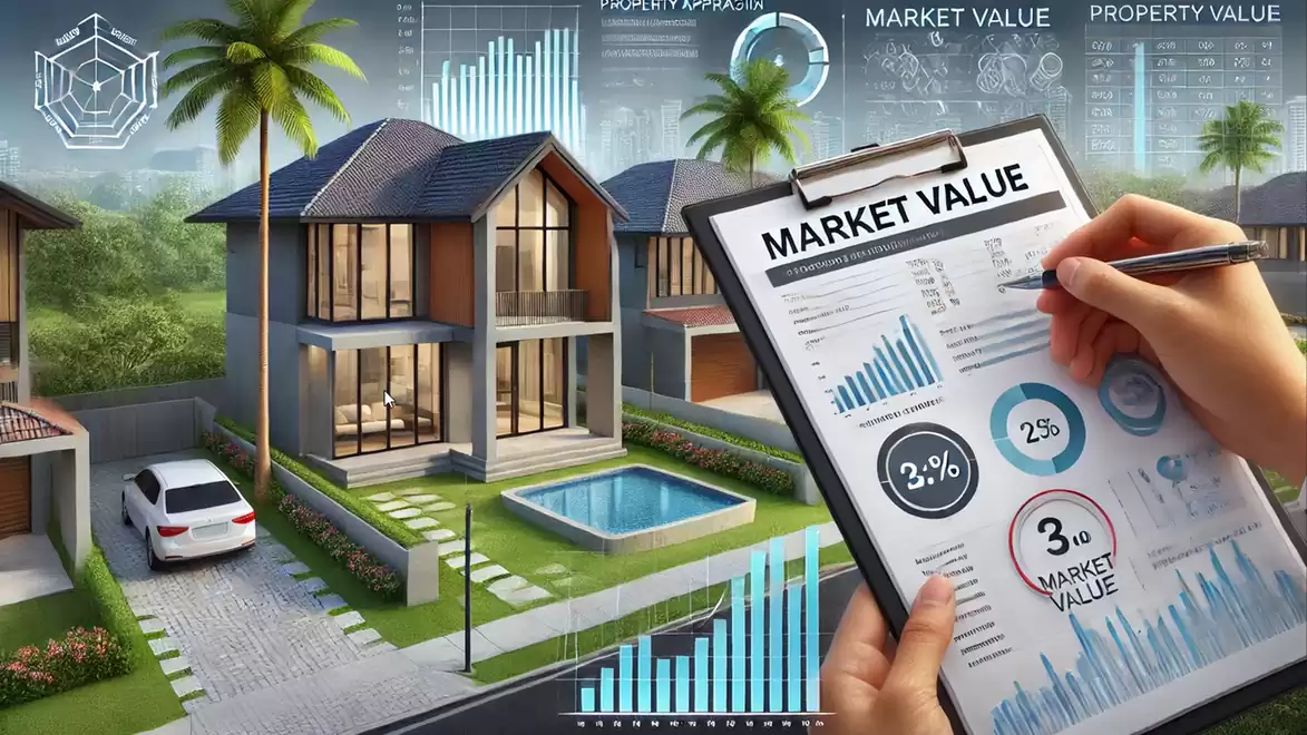 Modern residential complex with swimming pool and palm trees in the foreground, hand holding clipboard with market data.