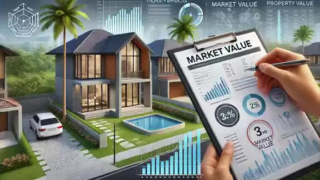 Modern residential complex with swimming pool and palm trees in the foreground, hand holding clipboard with market data.