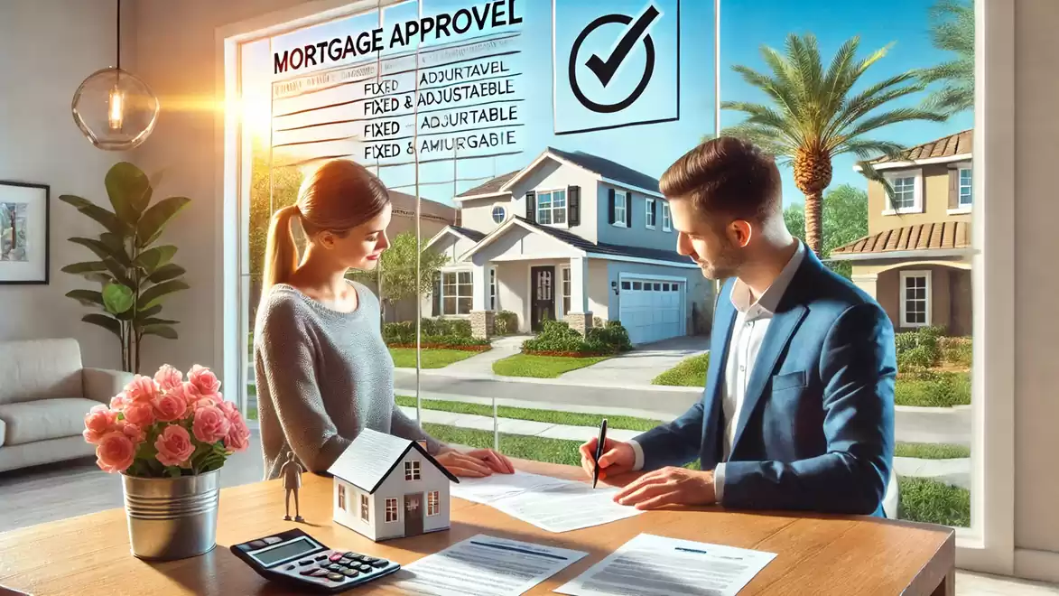 A man and a woman are sitting at a table signing documents for a mortgage. In the background, a large window displays the words 'Mortgage Approval' with a check mark.