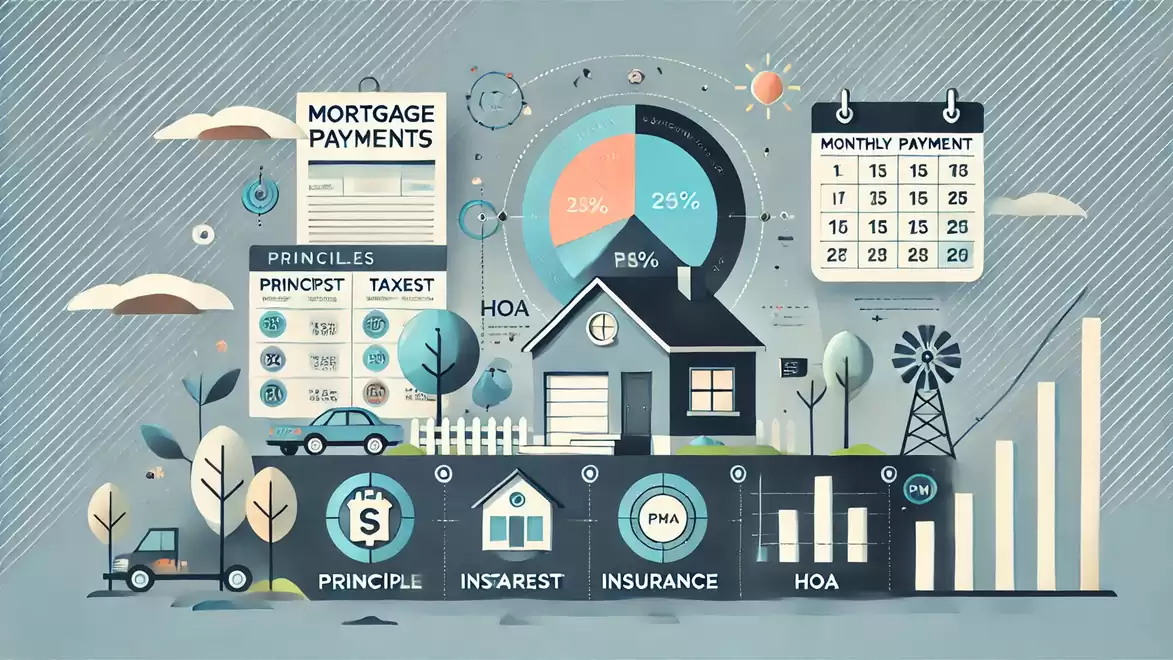 Illustration of home financing with charts on mortgage payments, monthly payments, and insurance.