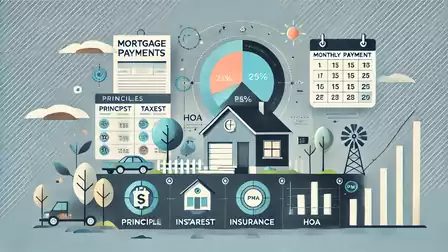 Illustration of home financing with charts on mortgage payments, monthly payments, and insurance.